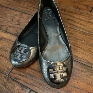 Tory Burch Metallic Gun Metal Minnie Ballet Flats